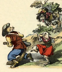 Illustrasjon av historien "Bon medor og Lille Chevrette"". I "" Fortellinger fra hjemmet for de minste"". Anonym gravering fra 1800-tallet.