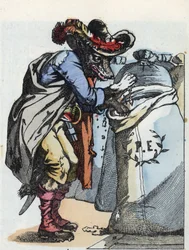 Illustrasjon av fortellingen "Compere le Loup, Maitre Renard, Comere la Chevre et ses petits biquets"" etter en fabel av Jean de la Fontaine. I "" Fortellinger fra hjemmet for de minste"". Anonym gravering fra 1800-tallet.