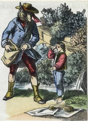 Illustration of the tale “Good Mom Sheep””. In “” Tales from the home for the little ones””. Anonymous engraving of the 19th century.