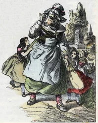 Illustration of the tale “Good Mom Sheep””. In “” Tales from the home for the little ones””. Anonymous engraving of the 19th century.