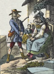 Illustration of the tale “Good Mom Sheep””. In “” Tales from the home for the little ones””. Anonymous engraving of the 19th century.