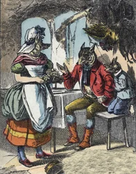 Illustration of the tale “Good Mom Sheep””. In “” Tales from the home for the little ones””. Anonymous engraving of the 19th century.