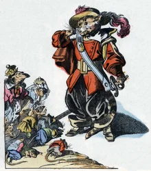 Illustrasjon av eventyret "Den forferdelige Raminagrobis og musene""" tegner fabler av Jean de la Fontaine. I "" Fortellinger fra hjemmet for de minste"". Anonym gravering fra 1800-tallet.