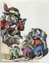 Illustration of the tale “The terrible Raminagrobis and the mice””” character draws fables by Jean de la Fontaine. In “” Tales from the home for the little ones””. Anonymous engraving of the 19th century.