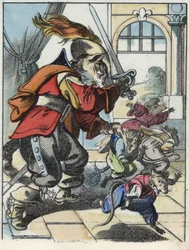Illustration of the tale “The terrible Raminagrobis and the mice””” character draws fables by Jean de la Fontaine. In “” Tales from the home for the little ones””. Anonymous engraving of the 19th century.