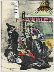 Illustration of the tale “The terrible Raminagrobis and the mice””” character draws fables by Jean de la Fontaine. In “” Tales from the home for the little ones””. Anonymous engraving of the 19th century.