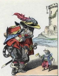 Illustration of the tale “The terrible Raminagrobis and the mice””” character draws fables by Jean de la Fontaine. In “” Tales from the home for the little ones””. Anonymous engraving of the 19th century.