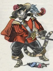 Illustration of the tale “The terrible Raminagrobis and the mice””” character draws fables by Jean de la Fontaine. In “” Tales from the home for the little ones””. Anonymous engraving of the 19th century.