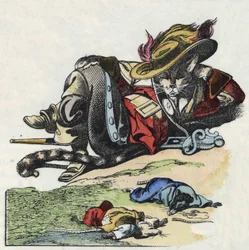Illustrasjon av eventyret "Den forferdelige Raminagrobis og musene""" tegner fabler av Jean de la Fontaine. I "" Fortellinger fra hjemmet for de minste"". Anonym gravering fra 1800-tallet.