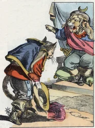 Illustrasjon av eventyret "Den forferdelige Raminagrobis og musene""" tegner fabler av Jean de la Fontaine. I "" Fortellinger fra hjemmet for de minste"". Anonym gravering fra 1800-tallet.