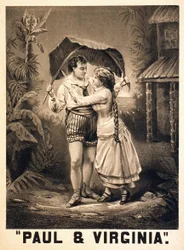Illustration on Paul and Virginia. Roman by Henri Bernardin de Saint Pierre (Saint-Pierre or St-Pierre), French writer (1737-1814). Lithography, circa 1880.