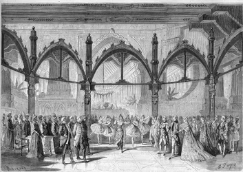 Imperial Theatre of the Comic Opera: Scene IV, Act II av operaen "The First Day of Happiness"" av Daniel Francois Esprit Auber (1782-1871). Gravering i "" The Illustrious Universe""