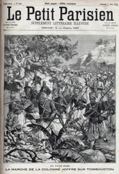 I de franske koloniene: marsj av kolonnen til general Joseph Joffre (1852-1931) og hans hær av spahis på Timbuktu (Mali). Gravering i "" Le Parisien""