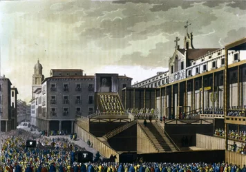 Inkvisisjonsscene på det offentlige torget i Burgos, Spania. Det 16. århundre.