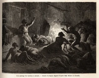 Inne i et Caribou Inn (Canada), ved midnatt, synger berusede fangstmenn og gruvearbeidere, og faller så til bakken eller sovner i et teppe. Gravering for å illustrere reisen fra Atlanterhavet til Stillehavet (route du nord ouest par les terres), i 1862-186