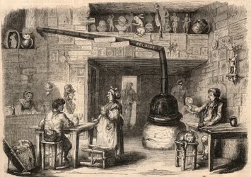 Inne i kabareten le Lapin Blanc (Rabbit-Blanc), rue aux feves i Paris før den ble revet. En taverna som dateres tilbake til monarkiets første tid. Gravering I "" Le Monde illustrious"" fra 1862. Privat samling.