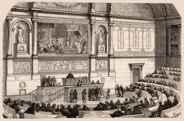 Interiør fra Nasjonalforsamlingen under et møte i Deputertkammeret, Paris, Frankrike