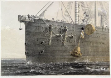 Installasjon av sjøkabel i 1858 (landemerkebøye) - i W. H. Russels "The Atlantic telegraph", ca 1860