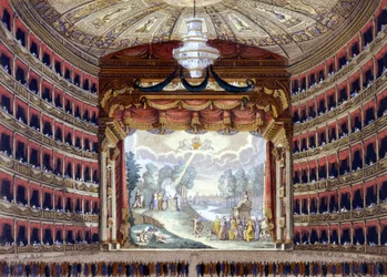 Interiør av Theatre de la Scala i Milano. Gravering før 1850.