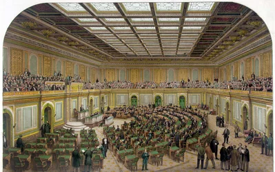 Interior view of the House of Representatives of US Capitol showing the Congress in session and the spectators in the gallery - Engraving 1866.