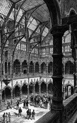 Internal view of the Antwerp Stock Exchange in the 19th century. Engraving in “Le journal de la jeunesse””
