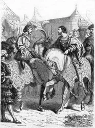 Interview of Francois 1st and Henry VIII. Engraving of the 19th century.