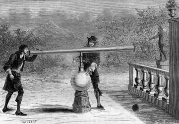 Oppfinnelse: Sarbacan eller pneumatisk pistol av Otto von Guericke (Otto de Guericke) (1602-1686), tysk oppfinner. Gravering i "La Nature"