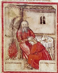 Isak etter å ha spist ungen brakt av sønnen Jacob the Benit og trodde at det var Esau Miniature fra codex 212 (eller padovano codice eller Bible of Padua) 1390-1400 Rovigo, Accademia dei Concordi