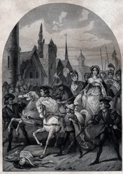 Isabella av Bayern (1371-1435) på vei inn i Paris i 1389 - Entree de la Reine de France Isabeau (Isabelle, Elisabeth) de Baviere (1371-1435) i Paris - Gravering av 1842 i "Histoire des popes: forbrytelser, drap, forgiftninger, paricide, utroskap, incest...