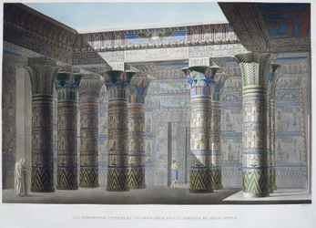 Island of Philae: Fargerik interiørperspektiv, tatt under portikken til Det store tempelet - i "Description of Egypt", Imperial Editions