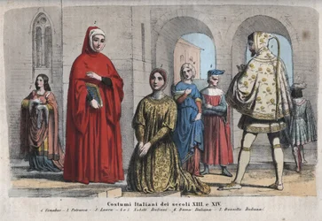 Italian fashion of the XIII and XIV century - Cenni di Pepo, dit Cimabue (1240-1302) - Francesco Petrarca (Petrarch) (1304-1374) - Laura de Noves (1310-1348) - Italian nobles - Italian woman - Italian damsel - engraving from “” Usi e Costumi di Tutti i i i