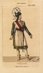 Den italienske sopransangerinnen Giuditta Pasta i hovedrollen som Tancredi i operaen med samme navn av Gioachino Rossini fremført på Opera Buffa, Paris