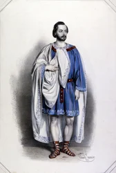 Den italienske tenoren Gaetano Fraschini (1816 - 1887) som Foresto i Giuseppe Verdis "Attila". Fargelitografi av Eduard Kayser