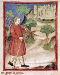 Jakob drar til Laban i Mesopotamia miniatyr fra Codex 212 (eller Padovano eller Bible of Padua) 1390-1400 Rovigo, Accademia dei Concordi