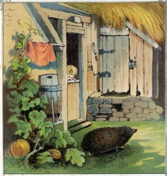 Jacques observerer en herisson som krysser gårdsplassen til huset hans. Kromolitografi fra "" Scenes enfantines"", red. Guerin - Muller rundt 1885.