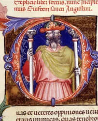 Janus, romersk guddom, to motsatte ansikter - fra et manuskript av "De civitate dei" av Saint Augustine, tidlig på 1400-tallet. Kommunal Bibl. av Rimini.