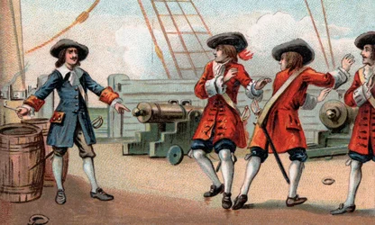 Jean Bart (1650-1702), fransk marinekommandant og kaper, truer med å sprenge skipet hans - Kapermannen Jean Bart (1650-1702) truer en engelsk kaper som tok ham til fange ved å true med å sprenge skipet hans ved å sette fyr på en fat med pulver