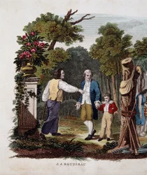 Jean Jacques Rousseau med et barn, sammenflettet av en bonde