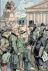 Jean Jaures#39; enhetlige sosialister motsetter seg treårsloven (militærtjeneste) representert av tyskere, juni 1914 (Tyskland støtter enhetlige sosialister ledet av Jean Jaures mot treårsloven, juni 1914) Tegneserie fra «Le pelerin» 19/07/1914 Co