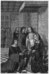 Jean Marot, poet (1463-1526), offering a volume of poetry to Queen Anne of France. Engraving of the 19th century.