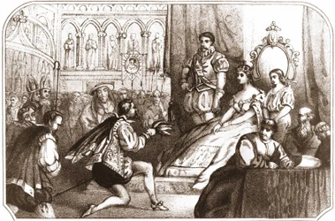 Jean Nicot presenterer tobakksplanten til Catherine de Medicis (Caterina de Medici) og Grand Prior of House of Lorraine. Litografi fra 1500-tallet rundt 1868.