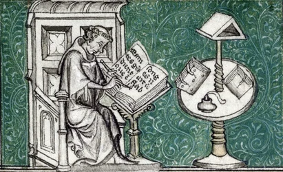 Jean de Meun komponerer romanen om rosen, ca. 1380 (miniatyr)