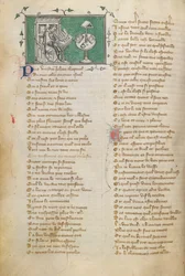 Jean de Meun skriver åpningsordene til diktet sitt (som begynner på f. 28), i Roman de la Rose