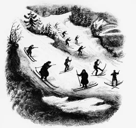 Jeux du Nord: skiløpere nedover et spor - gravering, sent på 1800-tallet.