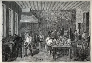 Smykker: stålsmykkefabrikk. Gravering fra 1885 i "" Les arts et metiers illustres"" av Adolphe BITARD.