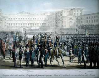 Joachim Murat (1767-1815), utnevnt til marskalk av Frankrike og konge av Napoli av Napoleon, anmelder troppene til den cisalpine republikken