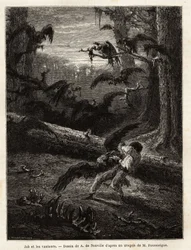 Job (reisekamerat til redaktøren), angrepet av gribber. Gravering for å illustrere historien Quatre mois en Florida, av M. Pousselgue, i 1851-1852, publisert i "" le tour du monde", under ledelse av D