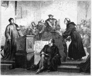 Johann Maier kjent som Johann Eck (1486-1543), tysk katolsk teolog og Martin Luther (1483-1546), tysk protestantisk teolog og reformator i Pleissenburg i 1519.