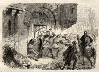 John II Comnenus, Byzantine emperor - The Emperor John II Comnene (1087-1143) at the head of the Greeks driving the door of his Palace in Constantinople - engraving in “” Illustrous Popular Dictionary”” - 1864 - by Joseph Decembre and Edmond Allonier -