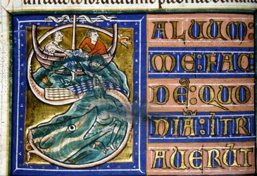 Jonas blir kastet i havet og fortært av en enorm fisk. 1300-talls manuskript. Kommunal Bibl. av Vercelli.